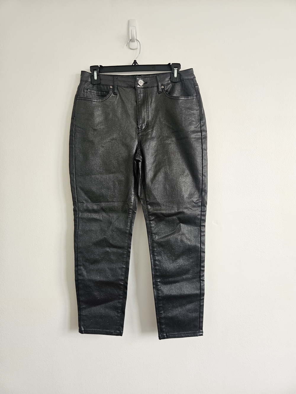 Rebecca Minkoff Size 12P Black Glitter Stretch Pants Straight Leg